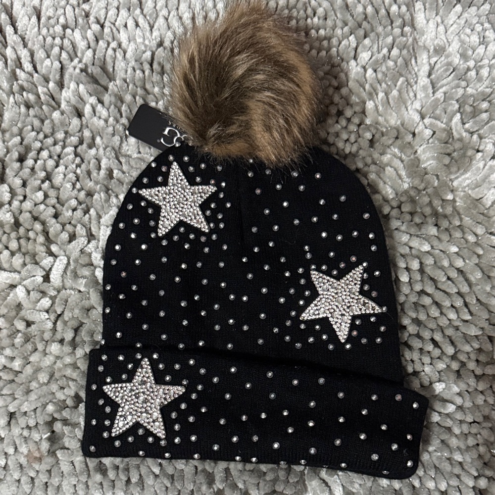 Starry Black Beanie with Pom-Pom